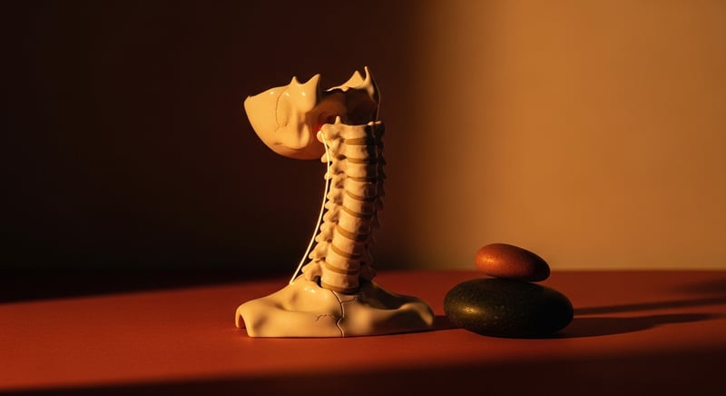 Cinematic editorial side-profile photograph of an anonymous adult cradling the back of the upper neck where the skull meets the spine, warm honey-gold side-lighting against deep espresso brown, no identifiable facial features