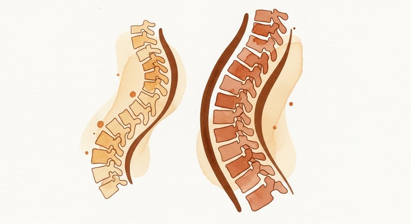 Watercolor illustration comparing a smaller child spine curve beside a larger adult spine curve in warm honey gold and terracotta washes