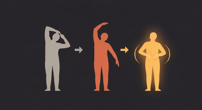 Flat illustration of a figure moving through a dynamic warm-up sequence, arm circles and gentle rotations, cool blue-grey figure warming to honey-gold, on charcoal