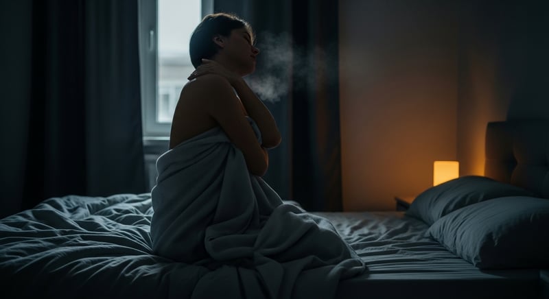 Editorial photograph of a person sitting on the edge of a bed in cold morning light rolling their shoulders and neck, breath faintly visible, head cropped above the hairline