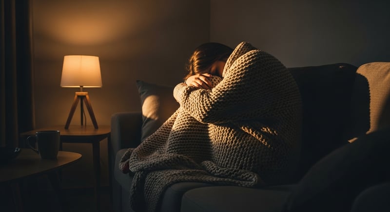 Editorial photograph of a person bundled in a blanket curled tightly on a couch in dim winter light, shoulders drawn up, head cropped above the hairline