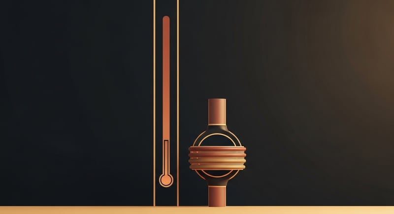 Clean geometric abstract of a falling temperature gauge shape beside a stylized joint form with concentric rings, terracotta and copper on dark charcoal, no text