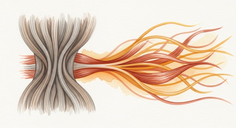 Loose watercolor of long muscle fibers rendered stiff and tightly bunched on a cool pale ground, warming to loose flowing amber strands on the other side