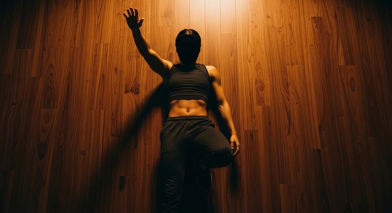 Overhead view of an anonymous person performing a dead bug exercise on a warm walnut-wood floor, opposite arm and leg extended, head out of frame at top