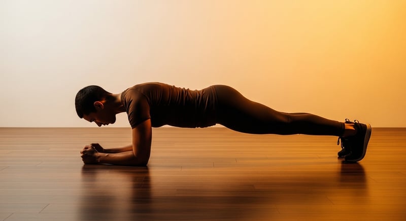 Anonymous person in forearm plank position seen from the side on a warm walnut-wood floor, full body visible from head to heels in a straight plank line, warm amber studio lighting
