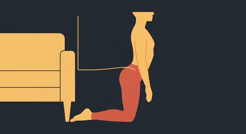 Flat illustration of a single figure in the couch stretch position, back shin vertical against a couch, front foot planted ahead, torso tall, a honey-gold line tracing the lengthened hip flexor on dark charcoal