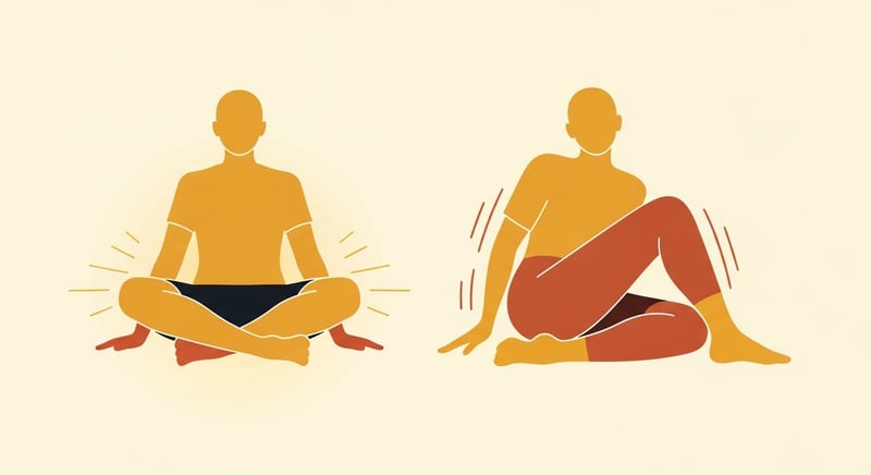 Flat illustration comparing a person alternating crossed legs and sitting level versus a person always crossing the same leg with a tilted uneven pelvis, honey-gold and terracotta on cream