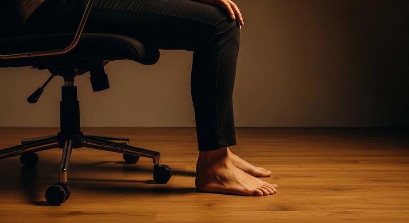 Editorial photograph of an anonymous person sitting in an office chair with both feet planted flat on the floor and knees near hip height, warm amber lighting, face cropped above the nose, no identifiable facial features