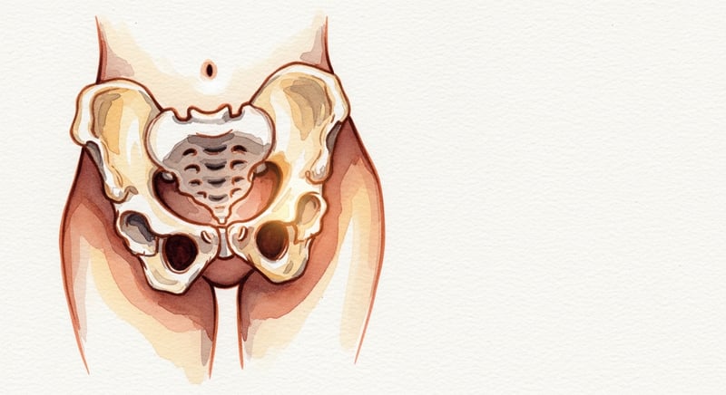 Loose watercolor illustration of a pelvis viewed from the front with one side rotated backward and tilted from a crossed leg, the spine bending slightly to compensate, in honey-gold and terracotta on cream paper
