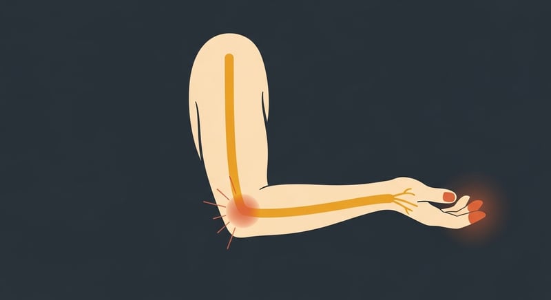 Flat illustration of a bent arm tracing the ulnar nerve from the inner upper arm, a terracotta pinch burst at the elbow, down to the little-finger side of the hand