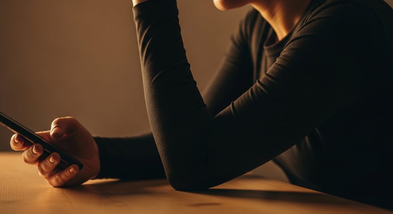 Editorial side photograph of a person resting a sharply bent elbow on a hard desk edge while looking at a phone, face cropped above the nose