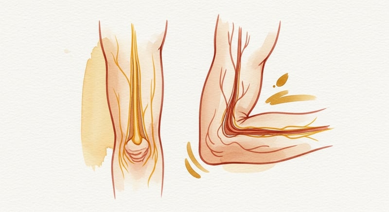 Loose watercolor of two elbows side by side, one straight with an open channel, one bent with the channel narrowed and the nerve path pinched, in amber and terracotta
