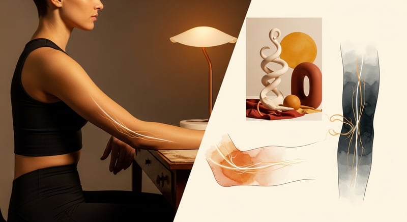Side view watercolor of a person resting a bent elbow on a desk with the ulnar nerve path glowing in warm amber down the forearm