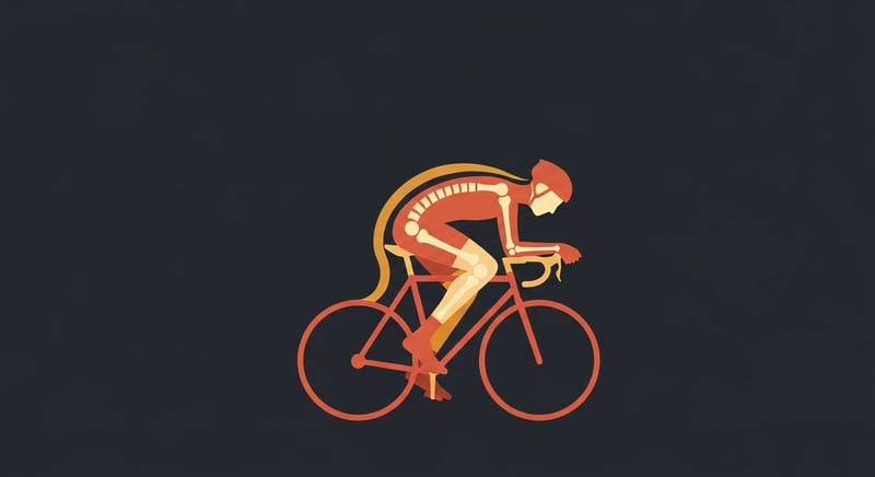Flat side-profile illustration of a cyclist on a road bike, the spine drawn as a honey-gold line curving forward from hips to neck, on a dark charcoal background.
