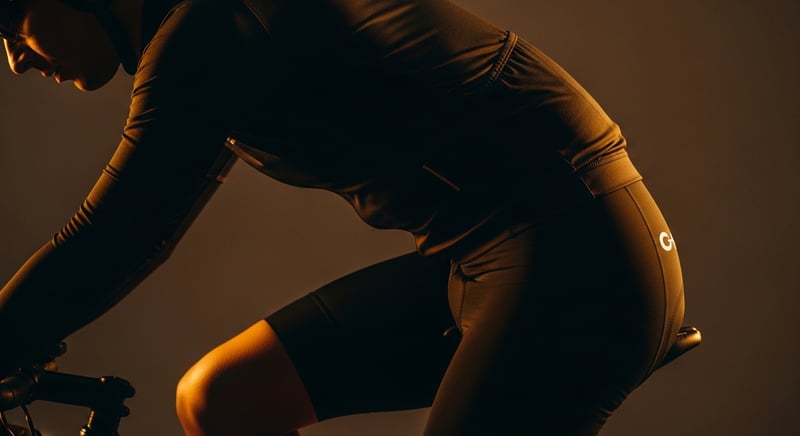 Editorial side-profile photograph of a cyclist's torso rounded forward in the low drop handlebar position, the lower back visibly flexed, warm amber light, face cropped above the nose.