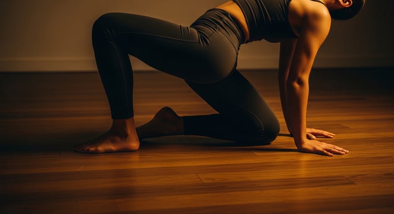 Editorial photograph of an anonymous person in a half-kneeling hip-flexor stretch on a wood floor, warm amber side light, head cropped above the hairline.