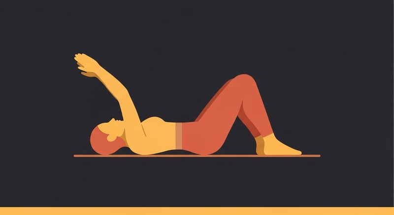 Flat illustration of a figure lying on its back in the dead bug position, opposite arm and leg reaching out while the lower back stays pressed flat to the floor, honey-gold and terracotta on dark charcoal