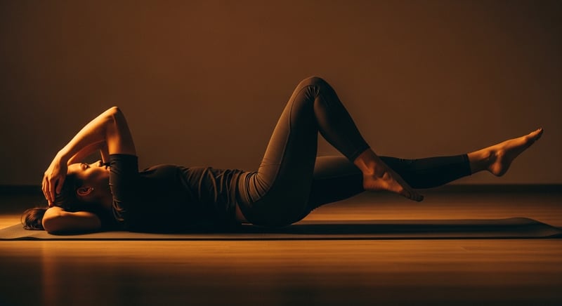 Editorial photograph of a person on a mat performing the dead bug, one arm reaching back overhead and the opposite leg extended low, lower back flat, warm side lighting, face cropped above the nose