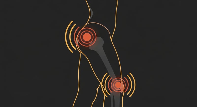 Flat illustration of a side-profile figure with dim glutes and radiating pain marks at the lower back and knee, showing pain downstream of the hip, honey-gold and terracotta on charcoal, no text