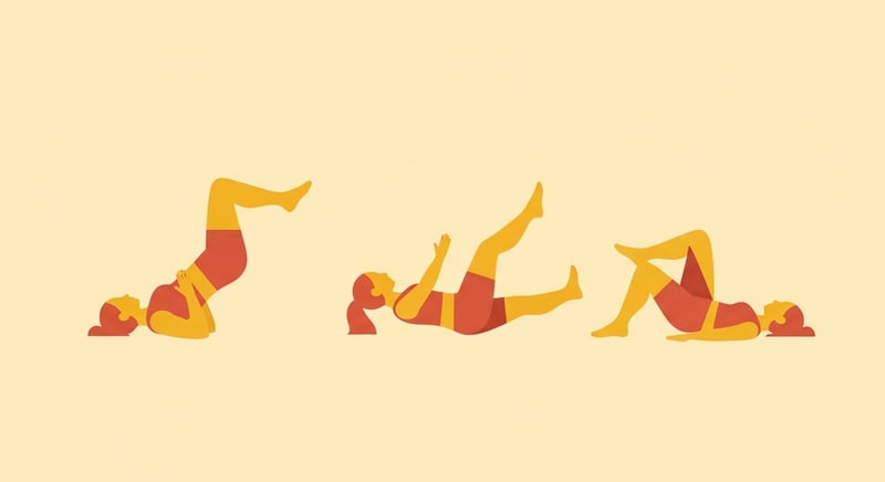 Flat illustration showing three glute-activation drills as simple figures, a glute bridge, a single-leg bridge, and a clamshell, honey-gold and terracotta silhouettes on cream, no text