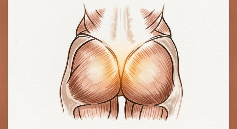 Loose watercolor of the gluteal muscles from behind, painted faded and dim to suggest dormancy, warm terracotta and honey-gold on cream, no text