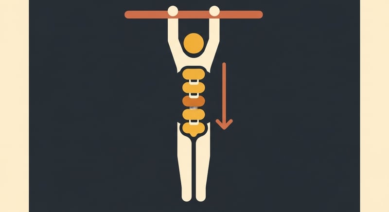 Flat illustration of a figure hanging from a bar, the spine drawn as a column of honey-gold segments pulling apart under a downward traction arrow on a dark charcoal background.
