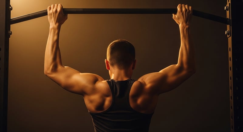 Editorial side-profile photograph of an anonymous person in an active hang from a bar, shoulder blades pulled down and engaged, warm amber side-light, face cropped above the nose.