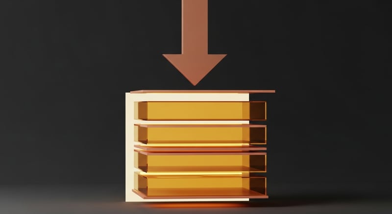 Geometric abstract of a stack of translucent honey-gold planes lifted slightly apart, with a heavy copper arrow pressing them back together, showing brief decompression followed by re-compression.