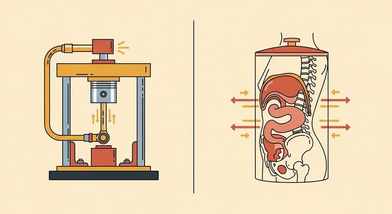 Two-panel flat illustration: a hydraulic press with a small and large piston on the left, a braced human trunk shown as a sealed cylinder on the right, identical outward pressure arrows on both