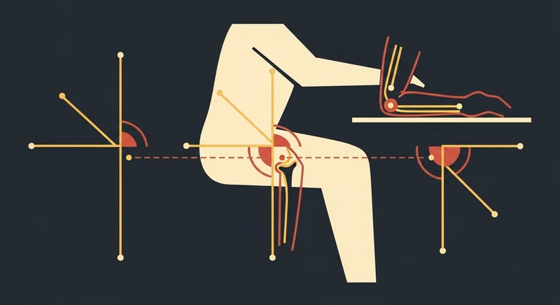 Geometric diagram showing the 90-90-90 rule for hip, knee, and elbow joint angles at a desk