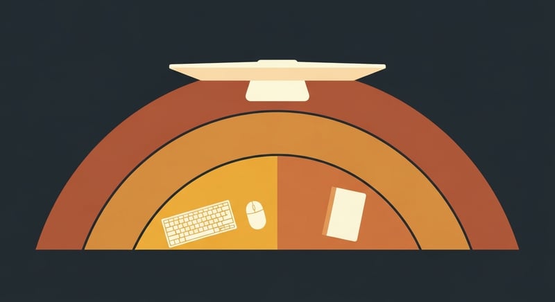 Top-down illustration of desk reach zones showing primary, secondary, and outer areas for optimal workspace layout