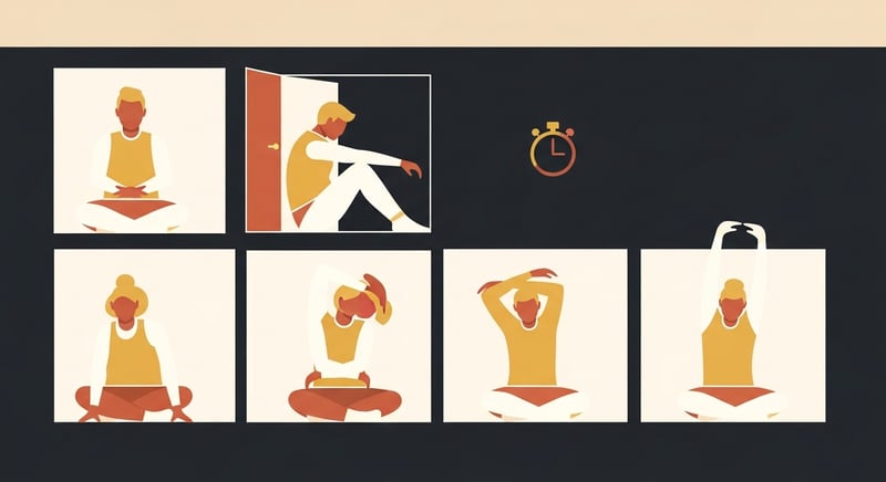 Flat illustration grid of five stylized seated figures performing desk stretches in warm gold and terracotta tones