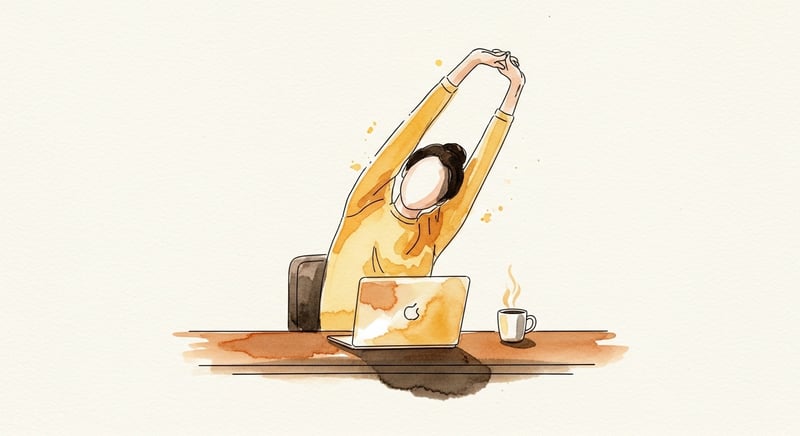 Watercolor illustration of an anonymous figure at a wooden desk mid-stretch with arms raised overhead in warm gold and amber tones