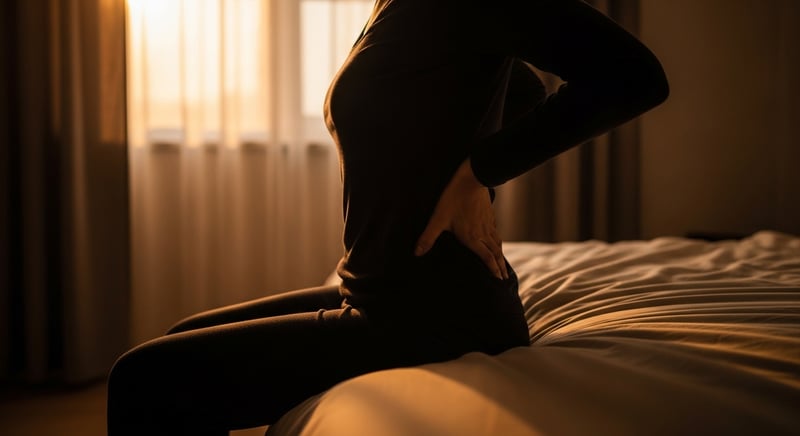 Editorial side-profile photograph of an anonymous person sitting on the edge of a bed in warm morning light, one hand pressed to a stiff lower back, face cropped above the nose, no identifiable facial features