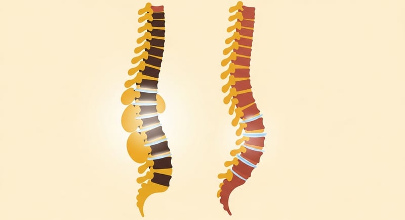 Minimalist flat illustration of a spine shown taller and disc-full in the morning beside a shorter compressed version in the evening, honey-gold and terracotta on cream