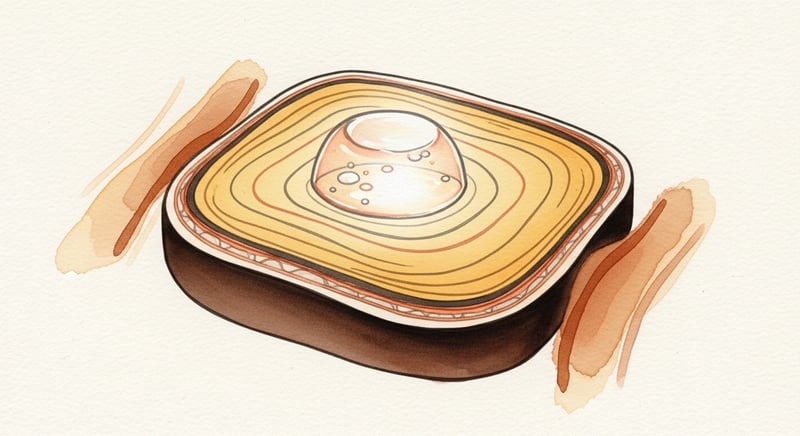 Loose watercolor illustration of an intervertebral disc cross-section with a water-rich gel core surrounded by fibrous rings, in honey-gold and terracotta on cream paper