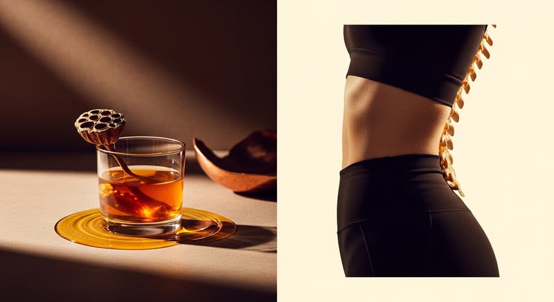 Watercolor illustration of a spinal disc cross-section swollen and full of water in the morning next to a flatter compressed disc in the evening, in warm honey-gold and terracotta