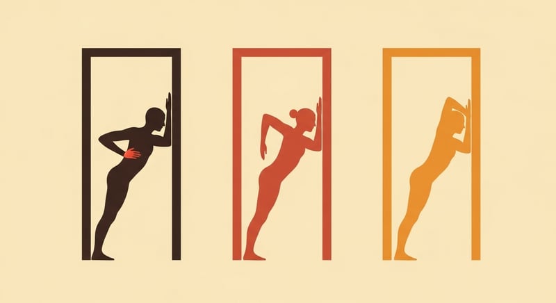 Minimal flat illustration of three side-profile figures in a doorway with the forearm low, at shoulder height, and high on the frame, showing three chest-stretch angles in warm honey-gold and terracotta