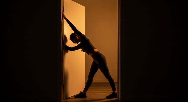 Editorial side-profile photograph of an anonymous person in a doorway with the forearm against the frame at shoulder height, body turned away to open the chest, warm amber lighting, face cropped above the nose
