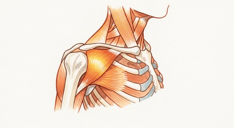 Loose watercolor illustration of a side-profile shoulder and ribcage showing the pectoralis minor as a short fan of tissue tipping the shoulder blade forward, glowing warm honey-gold