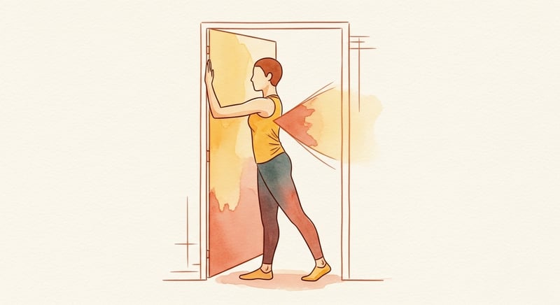 Loose watercolor illustration in warm honey-gold and terracotta of a person standing in a doorway with a forearm against the frame, chest opening forward in a pectoral stretch