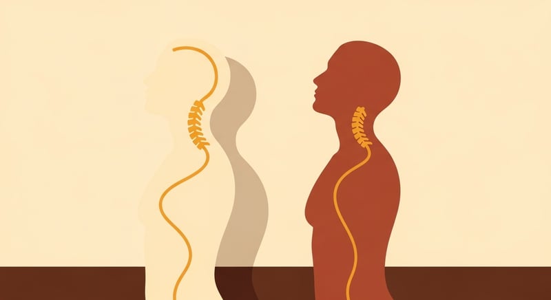 Minimalist flat illustration of two anonymous side profile silhouettes standing side by side on cream background, the left figure showing a healthy thoracic spine with a gentle natural curve drawn as a warm honey-gold line, the right figure showing pronounced hyperkyphosis with the upper back rounded forward and a visible thoracic hump at the base of the neck, warm honey-gold spine lines on warm cream and deep terracotta accents, dark charcoal silhouettes