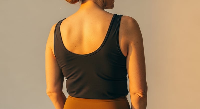 Cinematic editorial side profile of an anonymous older woman with hair tied back, the soft thoracic hump visible at the base of the neck, warm amber side lighting from upper right, head cropped above the hairline, no identifiable facial features