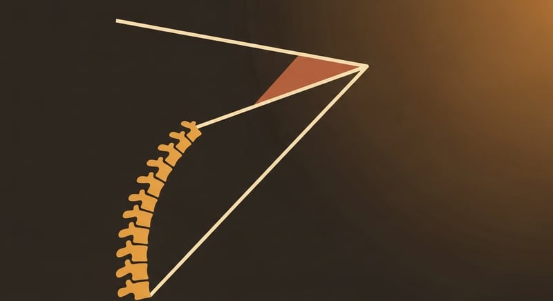 Clean geometric abstract composition showing the Cobb angle measurement concept, two warm honey-gold straight lines drawn at the top and bottom of an implied curved spine on a deep espresso background, the angle between them clearly visible, no human figures, warm cream and terracotta accents