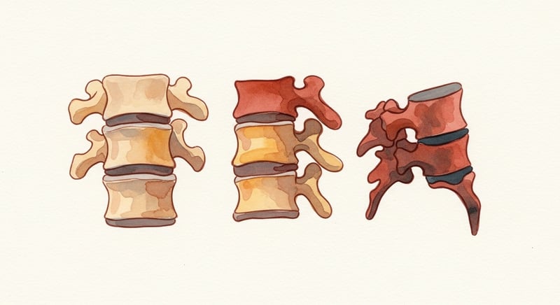 Loose watercolor illustration of three thoracic vertebral bodies viewed in side profile in a horizontal sequence, the leftmost vertebra rectangular and healthy, the middle vertebra showing mild anterior wedging with the front edge slightly compressed, the rightmost vertebra severely wedge-shaped with pronounced anterior compression, painted in deep terracotta and warm honey-gold and amber pigment with soft watercolor washes on cream paper