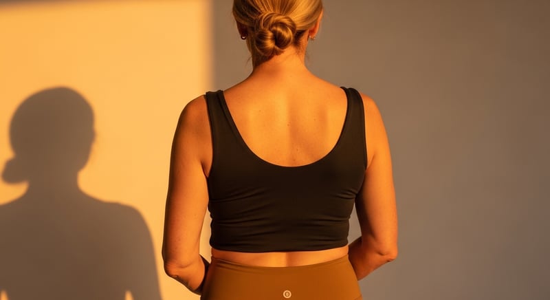 Editorial side profile of an anonymous older woman shown from behind, the soft thoracic hump visible at the base of the neck against warm amber wall lighting, head cropped above the hairline