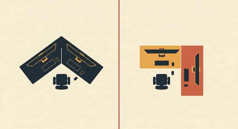 Flat illustration of two desk layouts side by side, the left showing a symmetric V of two monitors equally angled, the right showing an L-shaped asymmetric layout with one primary screen centered and a secondary angled in from the right, in warm honey-gold and terracotta on cream