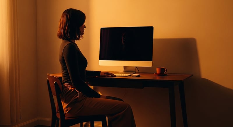 Cinematic editorial side-profile photograph of a person seated at a desk with one centered primary monitor at eye level and an arm's length away, fitted dark charcoal clothing, warm amber side-light