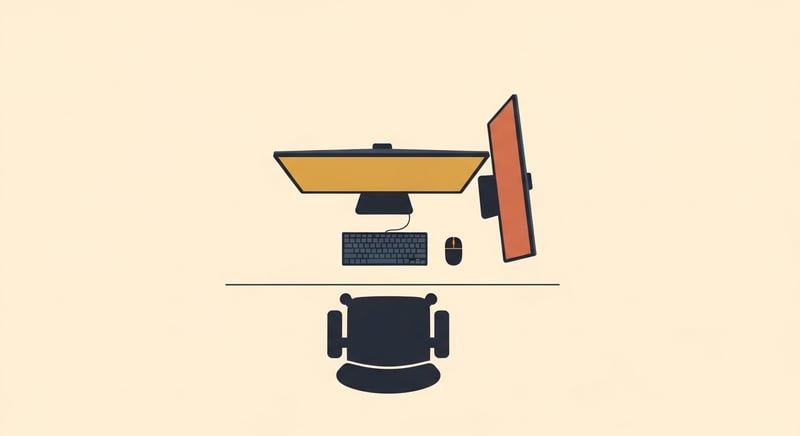 Flat illustration overhead view of a desk showing a centered primary monitor and a secondary monitor angled inward at 30 degrees, with a dotted 35-degree boundary line marked across the field of view, in warm honey-gold and terracotta on cream