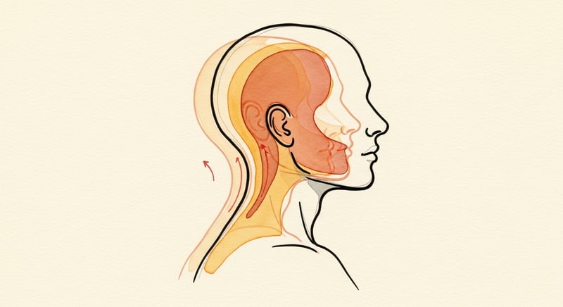 Loose watercolor illustration of a head viewed from above showing a 35-degree rotation arc to the left and another to the right, with a centered neutral position highlighted in warm honey-gold, on cream paper